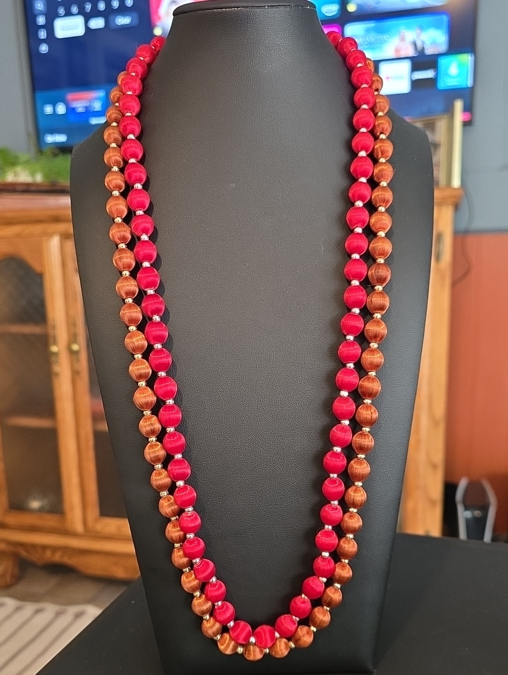 2 Vintage 1950s/1960s Silk Thread-Wrapped Bead Necklaces MCM Red & Copper